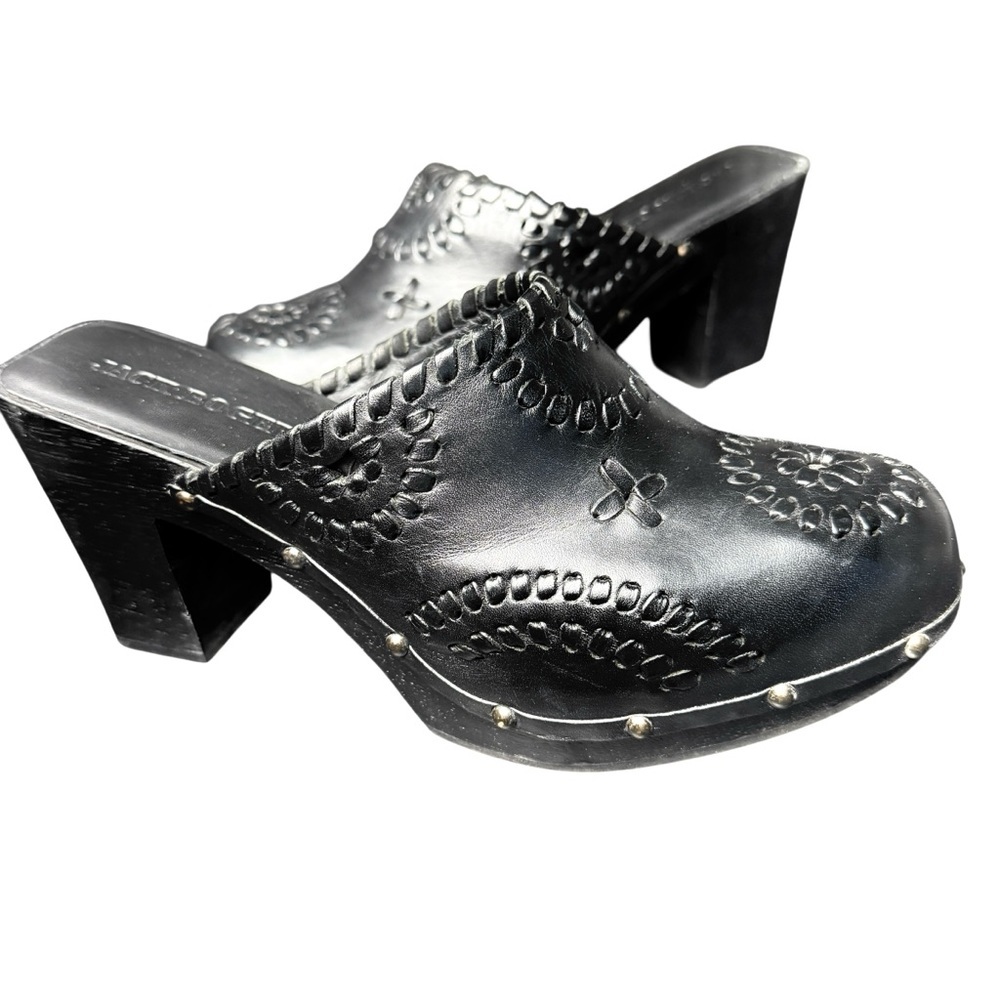 Jack Rogers Clogs Black Ali Whipstitch Platform Wood Size 8 EU 38 Studs Mules